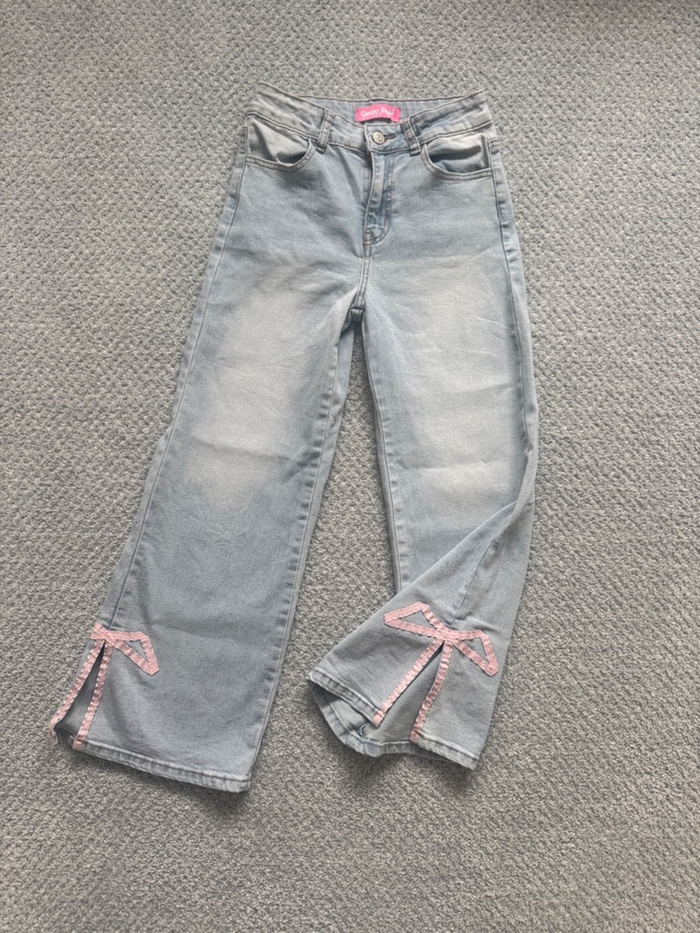 Light Blue Wide-Leg Jeans with Pink Bow Trim
